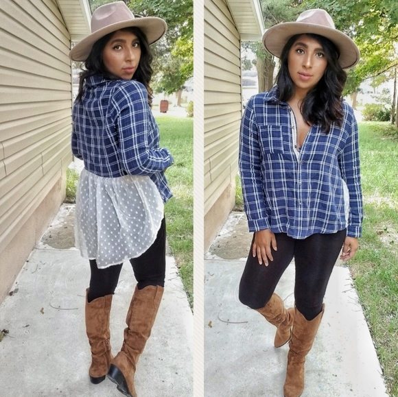 PRETTY IN PLAID BLUE CREAM SHIRT TOP - Picture 8 of 15